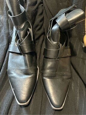 Yellow Box Black Pointed Toe Ankle Strap Booties